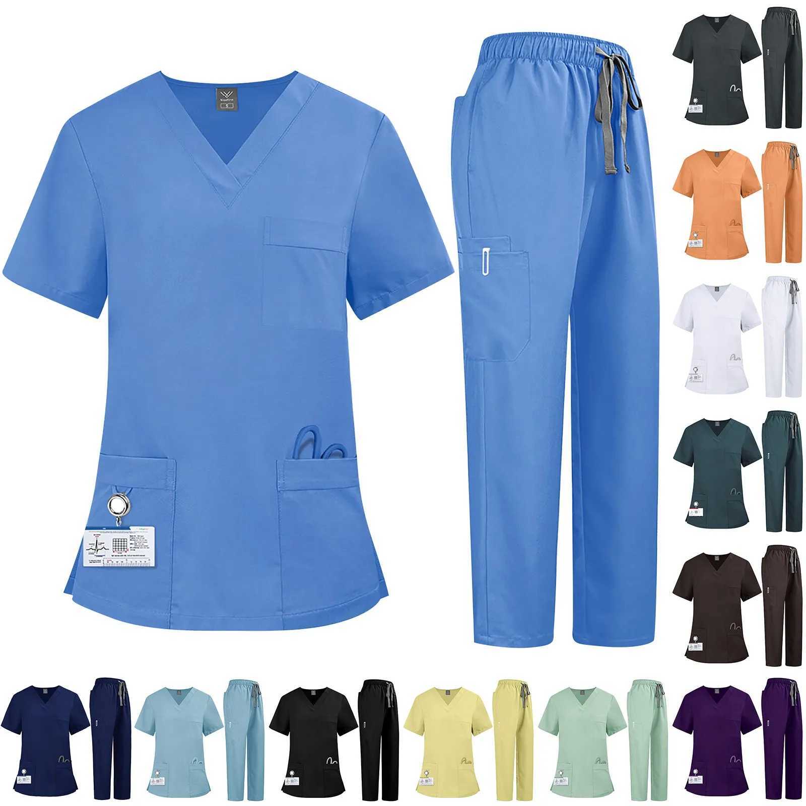 Plus Size WomenS Nurse Uniform QuickDrying Fabric Solid Color VNeck Pocket ShortSleeved Trousers Suit Nursing Uniform Suit J2511031