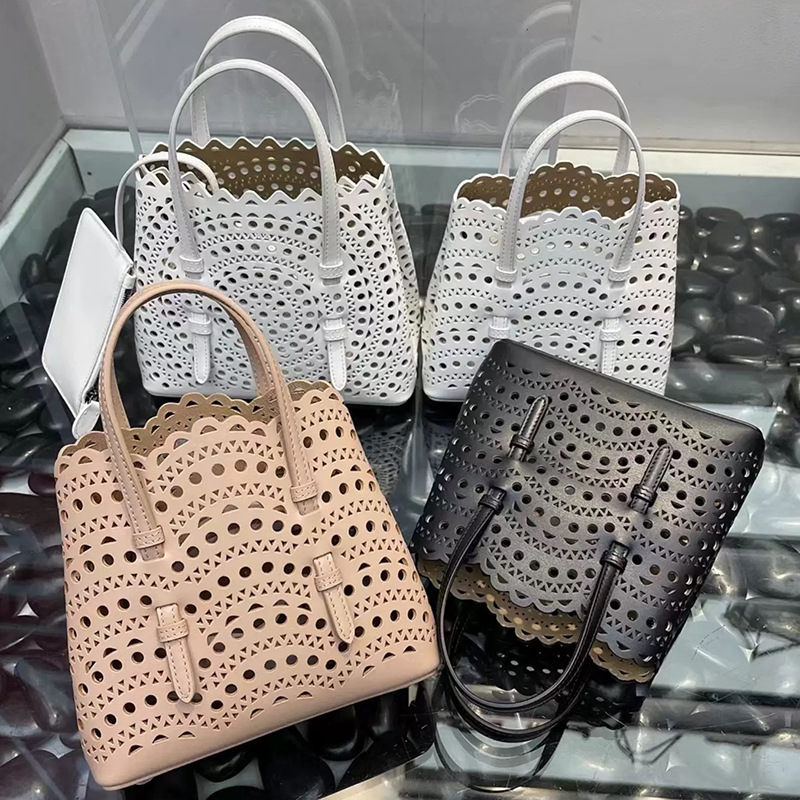 Women's Hollow Carving Genuine Leather Calf Skin Basket Shoulder Bag - Elegant Vegetable Tanned Tote and Messenger Set