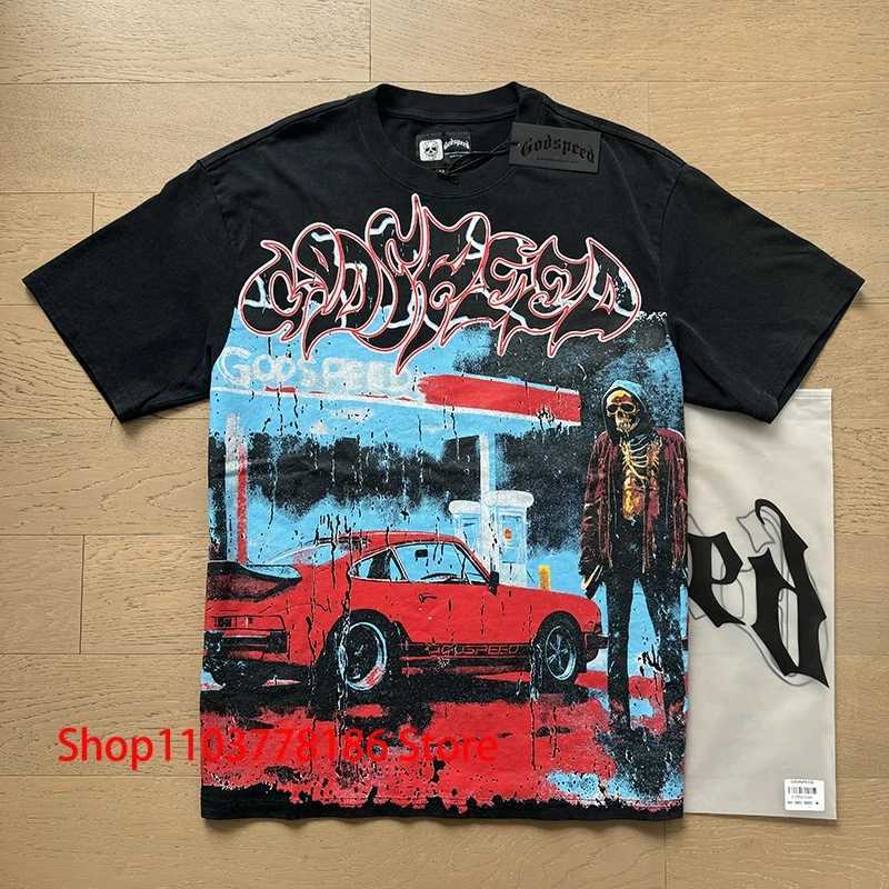 Harajuku Hip Hop GOD SPEED T-shirt Car Skeleton Print Streetwear Men Women Loose Casual Summer New Godspeed Short Sleeve Tees X250403