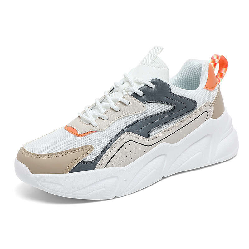 Large size breathable mesh Spring and Autumn new fashionable casual single Men's color blocked sports thick soled white shoes