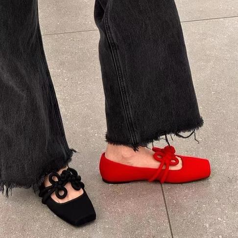 Sheepskin Edition Square Head Little Red Shoes New Chinese Retro Chinese Knot Flat Flat Single Shoes Women's Shallow Mouth Ballet Mary Jane Shoes
