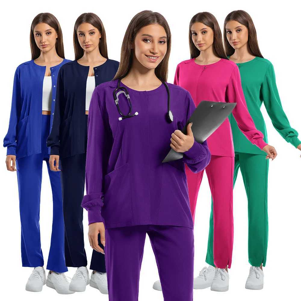 Nurse Uniforms Round Neck Top Scrub Jacket Straight Pants Sets Surgical Workwear Hospital Long Sleeve Snap Front Medical Outfit J251103
