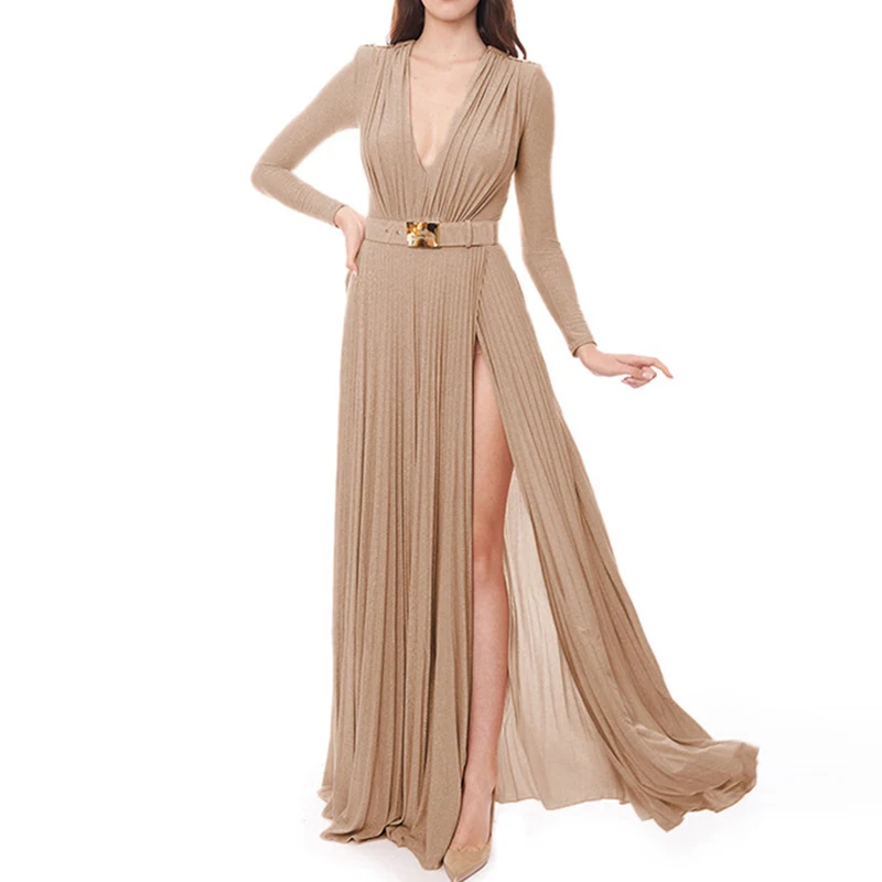 Women High Waist Slim Solid Long Dress 2024 Elegant Long Sleeve Party Dress Sexy Deep V-neck Draped Solid Evening Dress
