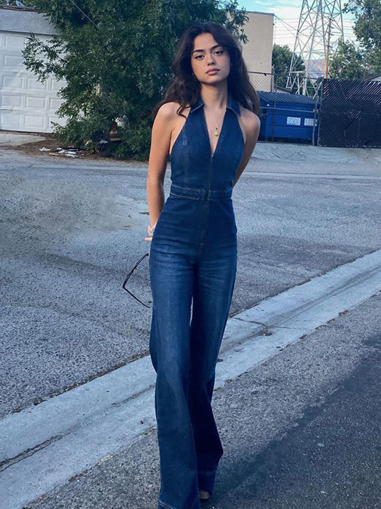 Denim Jumpsuit Women Summer Pockets One Pieces Combinaison Button Down Straight Leg Jeans Long Pants Short Sleeve Vintage Romper