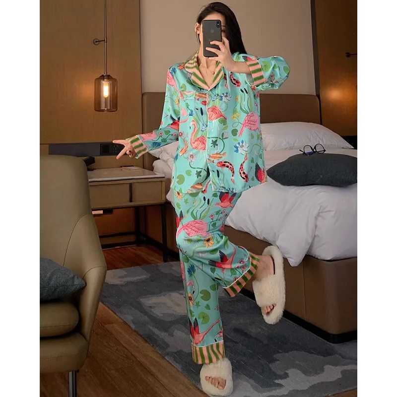 Designer Womens Pajamas Sets Spring Autumn 2 Piece Animal Print Pyjama Faux Silk Satin Sleepwear Long Sleeve Pijama Mujer Pjs Homewear Y251104
