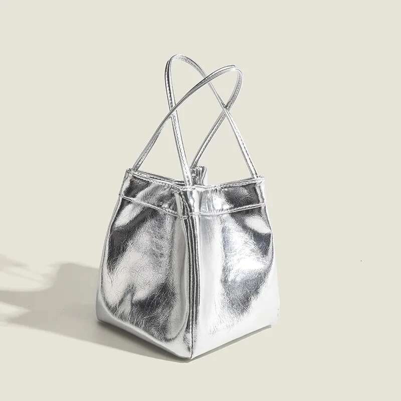 New Trendy Women's Casual Korean Version Of The Small Square Fashion Bucket Bag Simple Handbag Sier Purse