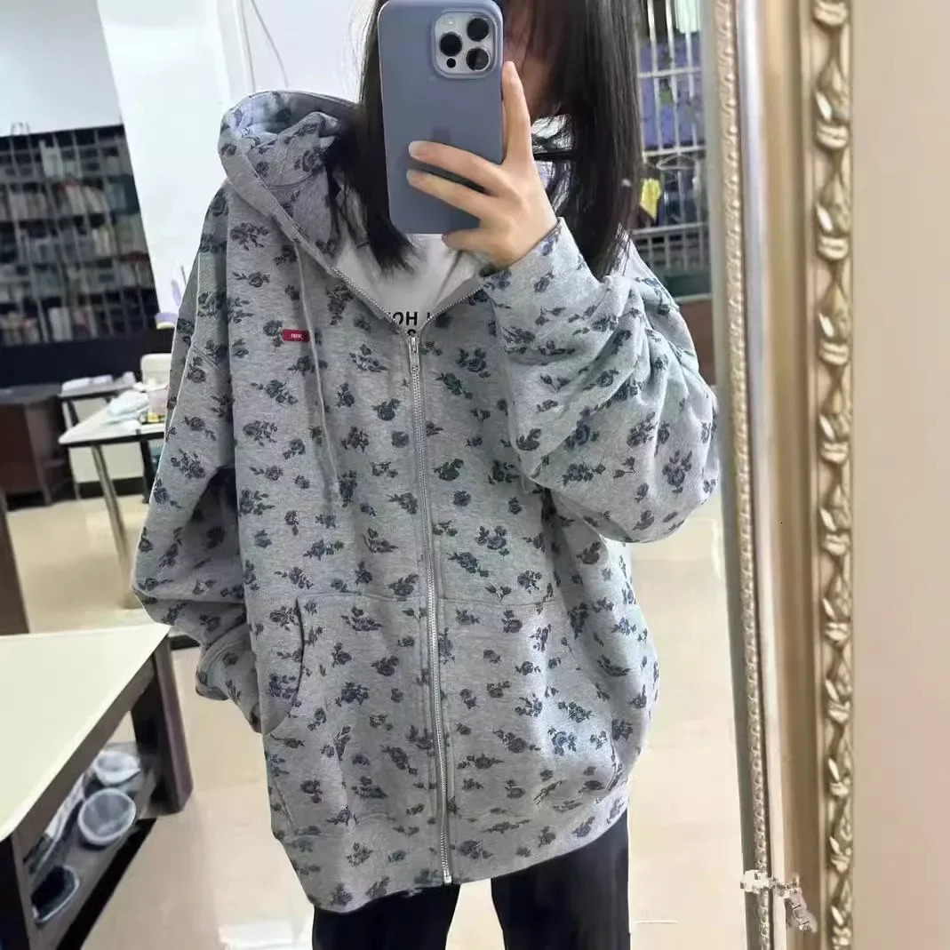 American Floral Print Hoodie Womens Thickened Lazy Style Oversize Cardigan Coat Trendy Spring Autumn Winter Loose Fit Sweatshir 250403