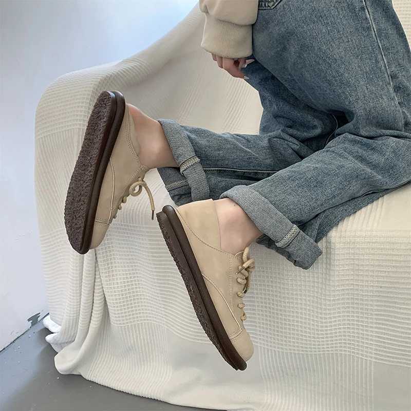 2025 Spring/Summer New Fashion Edition Round Toe Womens Soft Bottom Lace Top Casual Simple Splicing Flat Shoes Z250403