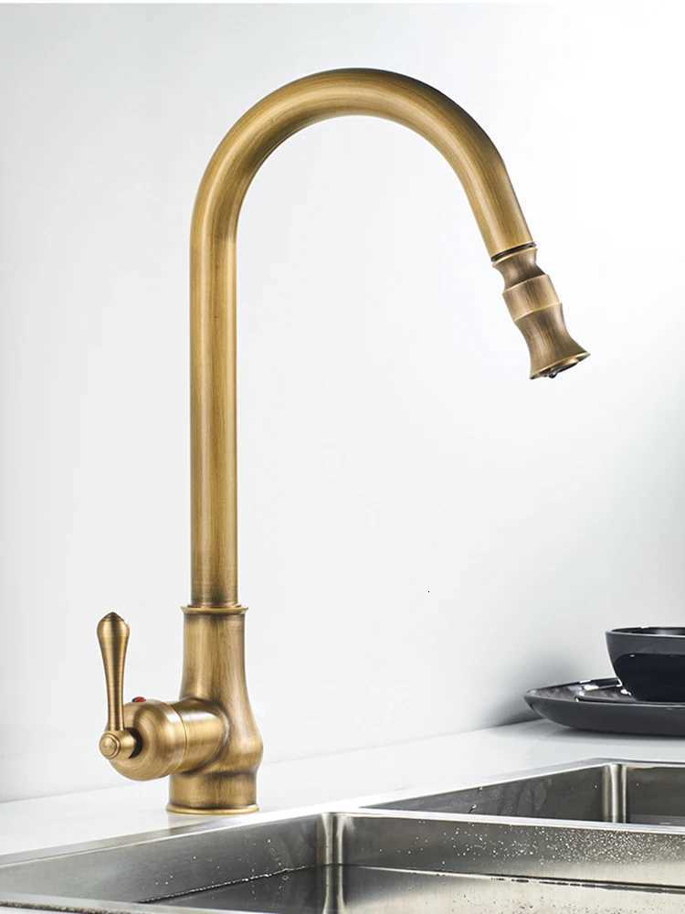 Antique Brass Kitchen Sink Faucet Pl Down Swivel Spout Kitchen Deck Mounted Bathro Hot and Cold Water Mixers Tap Y251104