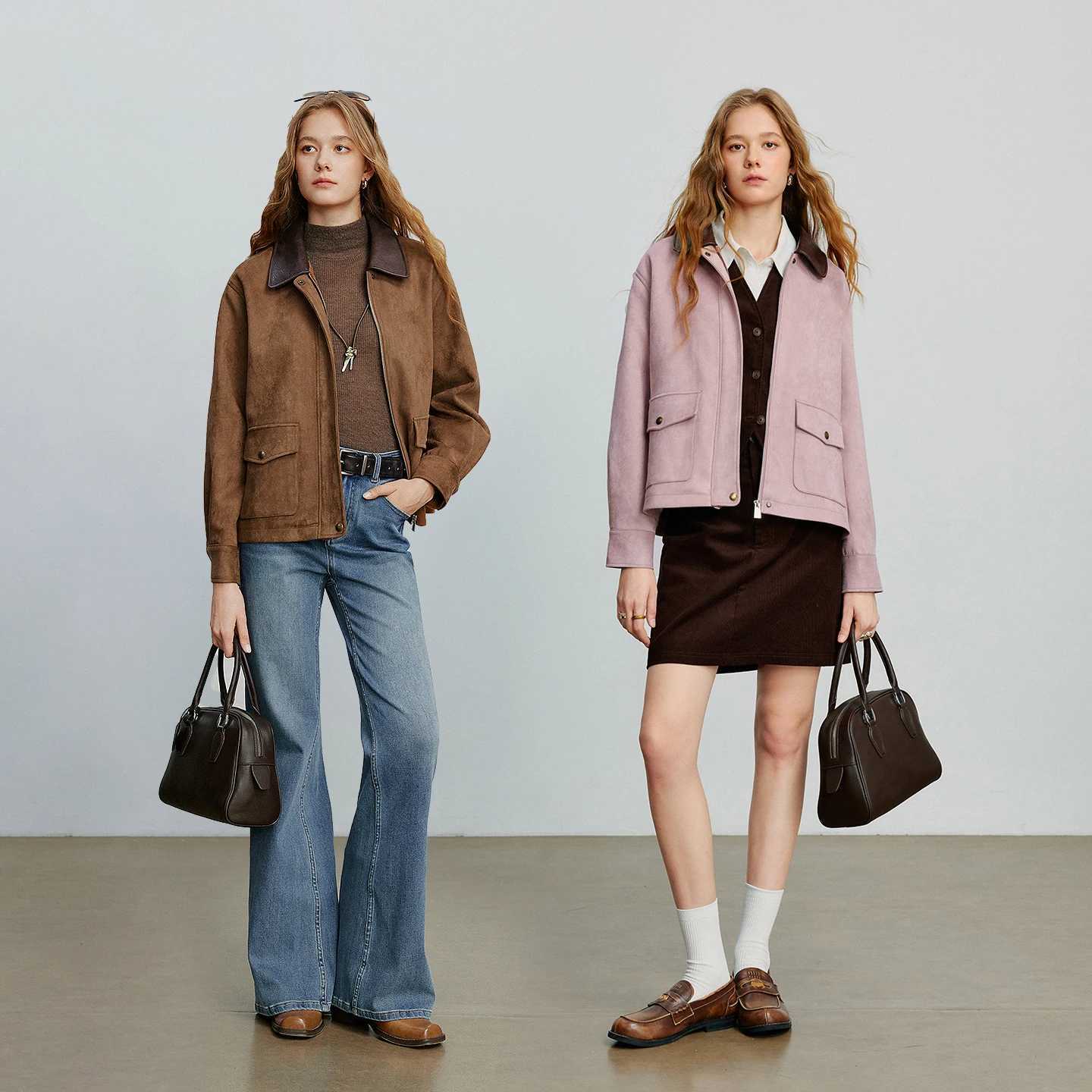 TOYOUTH Women Jacket coat 2025 Autumn New Vingtage Barn Style Suede Leather Patchwork Collar Jacket Brown J251103