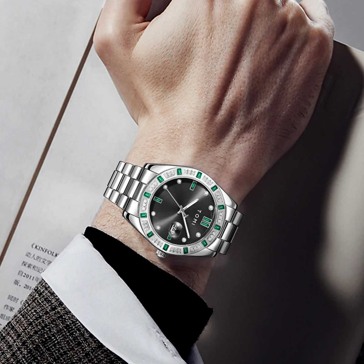 TOMI 4PCS Luxury Business Mens Watch Gift Box Set Luxury Diamond Case Calendar Stainless Steel Strap Quartz Watch Mens ClockT251104