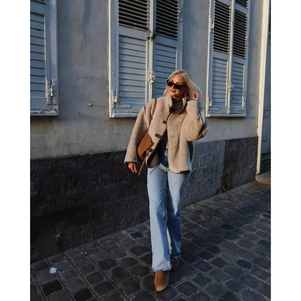 Turtleneck Fleece Woman Top Coats Female Thick Warm Loose New Outerwear Ladies Beige Long Sleeve Casual Jackets J251103