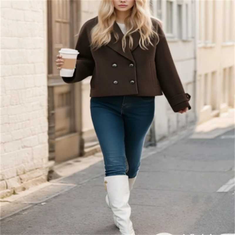 2025 Autumn Womens Urban Fashion Classic Dark Brown DoubleBreasted Short Coat J251103