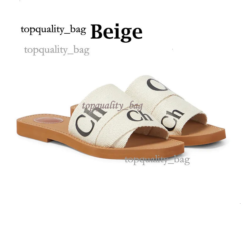 2025 10A Chlo Designer Woody Sandals For Women Mules Flat Slides Light Tan Beige White Black Pink Lace Lettering Fabric Canvas Slippers Womens Cloes 62A F15 046 7C6 Dc0