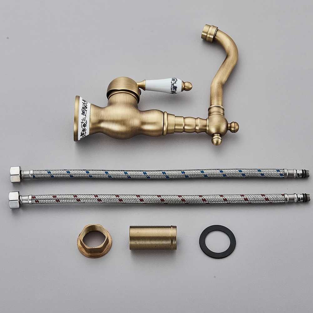 Antique Brass Bathro Faucet Rotating Spout Basin Sink Mixer Tap Bathro Kitchen Washing Faucet Washbasin Taps Kitchen Mixers Y251104