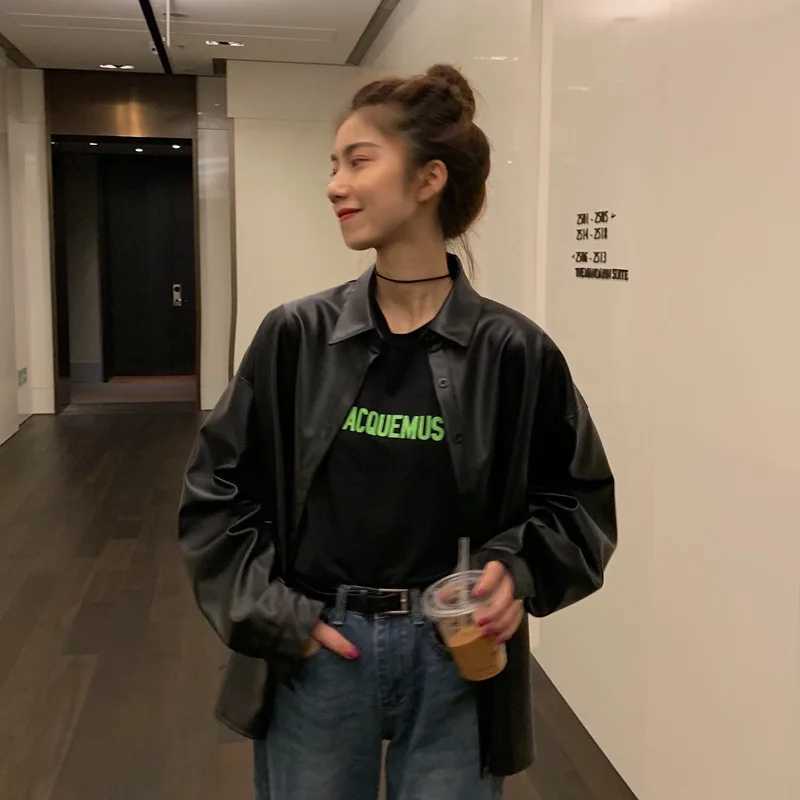 New chic PU leather Women blousess Basic Coat Motor Biker Jacket shirts Spring Autumn Black Faux Leather jackets J251103