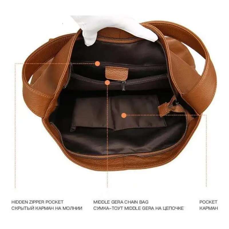 Genuine Women's Large Capacity First Layer Cow Leather Soft Shoulder Bag, Multi-Layer Pocket Crossbody Shopping Bag