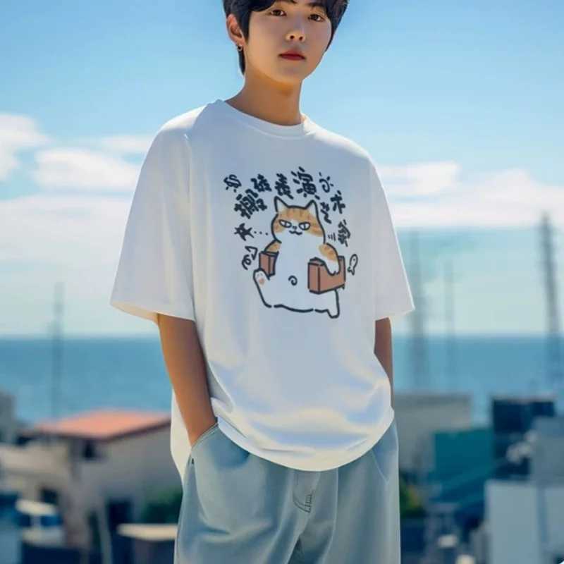 ZAZOMDE 2025 Premium High-Street Cat Pattern Plus Size Round-Neck T-Shirt For Men Women Cotton Top Tees Breathable 3-Color W250403