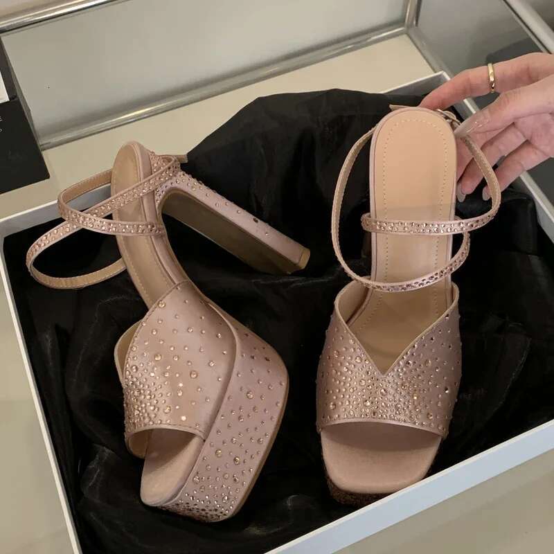 Eilyken Design Crystal Square Toe Woman Sandals Sexy High Heels Ankle Buckle Strap Party Banquet Shoes Atos De Mujer