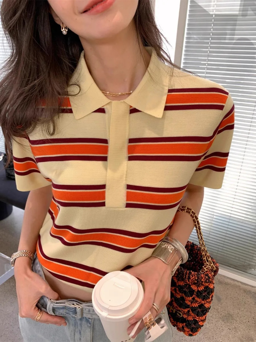 Temperament striped knit top womens short-sleeved POLO shirt womens spring summer T-shirt loose 250403