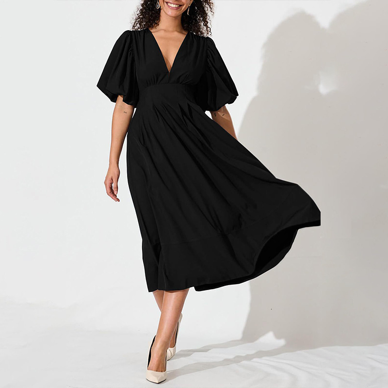 New 2025 Spring/Summer Womens Intelligent and Elegant V-neck Solid Color Dress