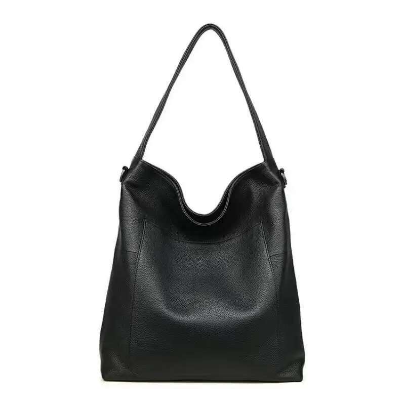 Genuine Women's Large Capacity First Layer Cow Leather Soft Shoulder Bag, Multi-Layer Pocket Crossbody Shopping Bag