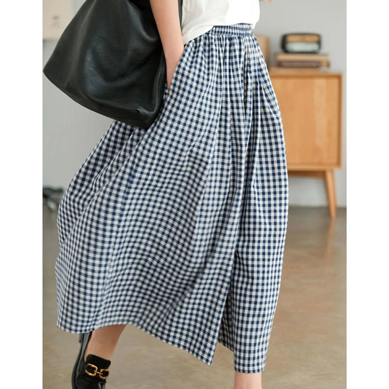 Plus Size 2025 Casual Women High Waist Baggy Jogger Pants Woman Plaid Pants Thin Cotton Linen Wide Leg Trousers Sweatpants Dress 250403