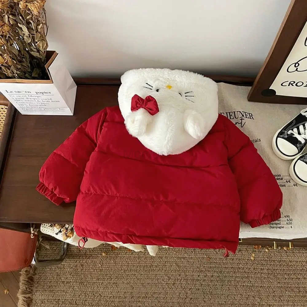Sanrio Hello Kitty New Cute Red Coat Girls Autumn Winter College Style Cotton Jacket Plush Hooded Y2K Japanese Style Zipper Tops H251104
