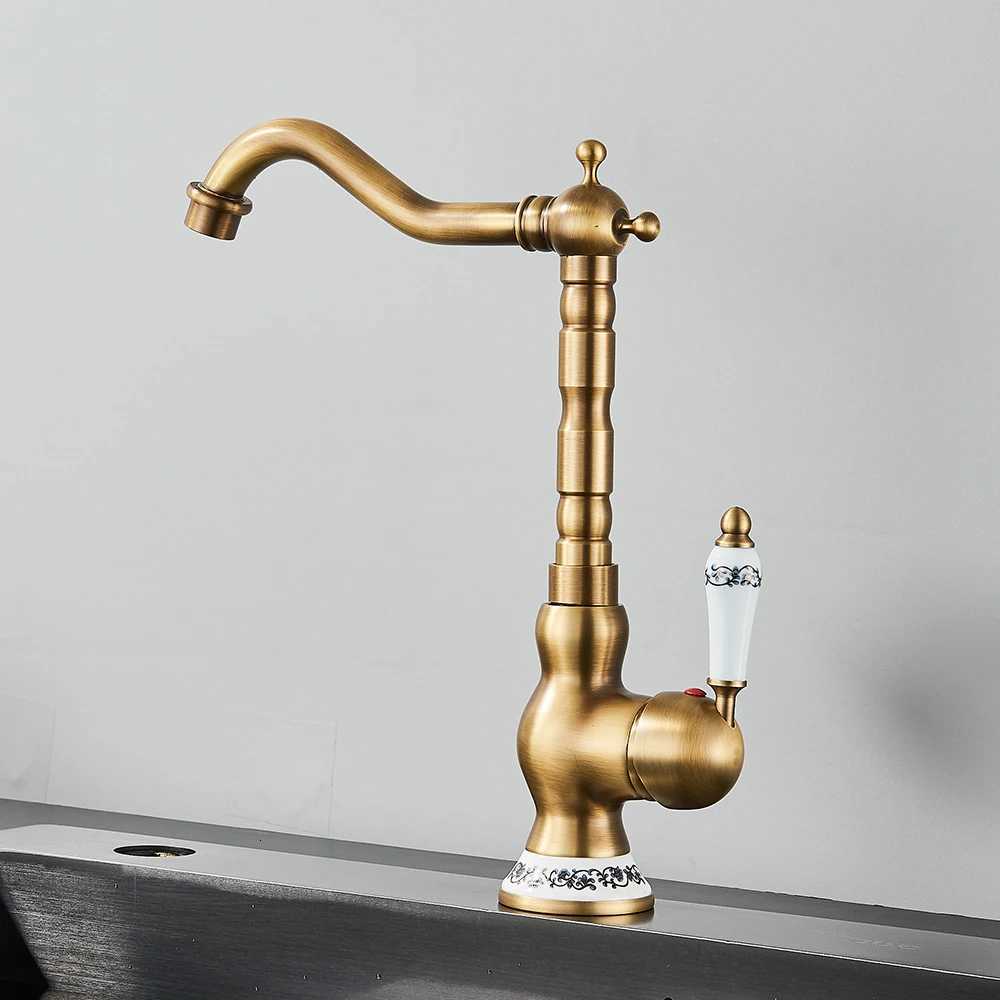 Antique Brass Bathro Faucet Rotating Spout Basin Sink Mixer Tap Bathro Kitchen Washing Faucet Washbasin Taps Kitchen Mixers Y251104