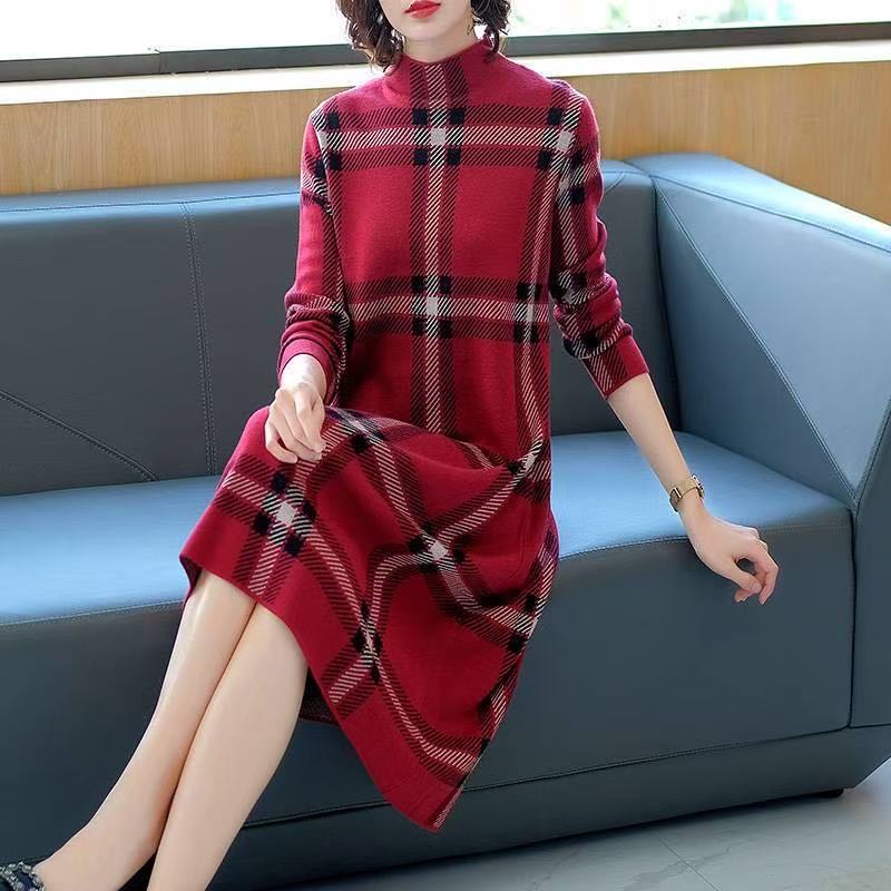 plus size women's new long sleeve high waist printed banquet dress mid-length skirt D02793