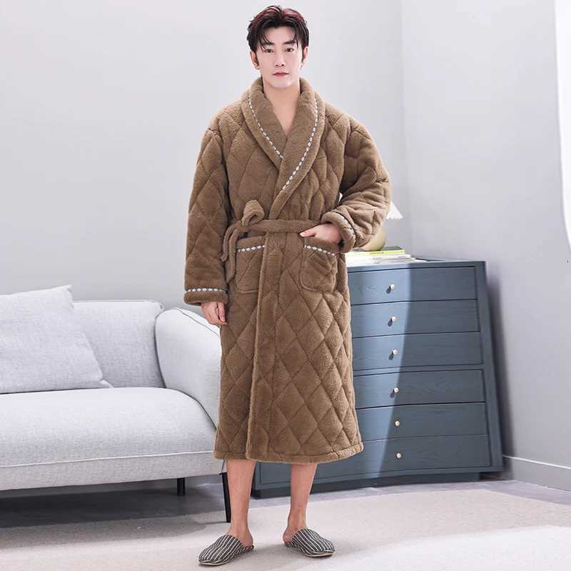 L-5XL Thick 3 Layers Keep Warm Winter Bathrobe Men Soft Coral Fleece Quilted Long Kimono Bath Robe Male Dressing Gown For Mens C251104