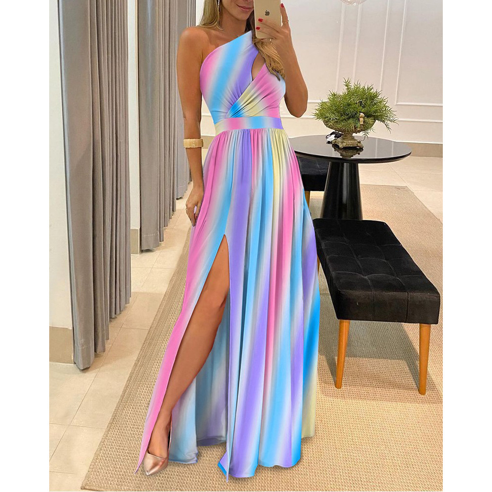 2025 New Fashionable Sexy One Shoulder Hollow Hanging Neck High Waist Split Extra Long Dress for Women