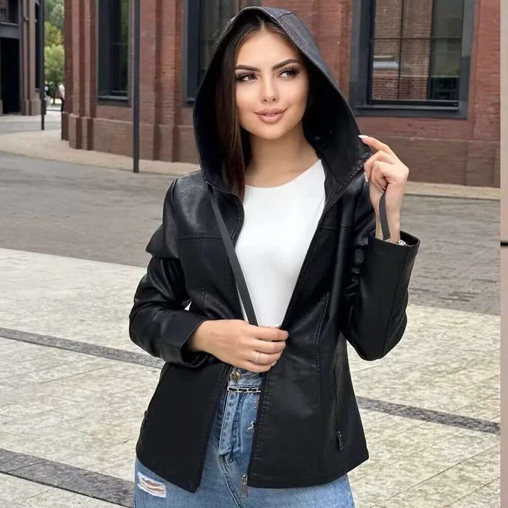 Autumn New Women's Fashion Casual Joker Temperament Commuting Slim Zipper Hooded Leather Jacket.