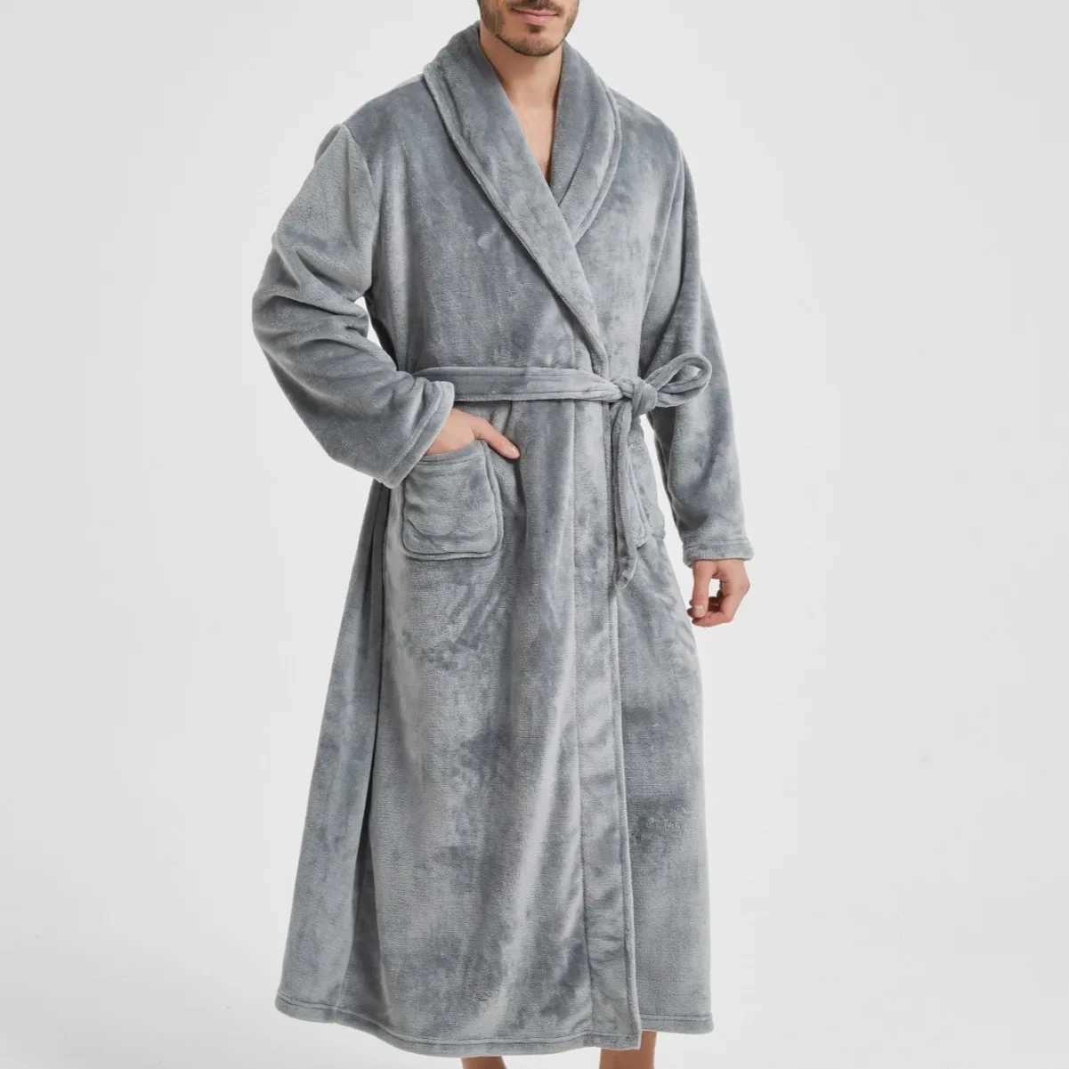 Male Lapel Coral Velvet Bathrobe Nightgown Lounge Homewear Men Autumn Winter Warm Flannel Warm Robe Thicken Nightwear Sleepwear C251104