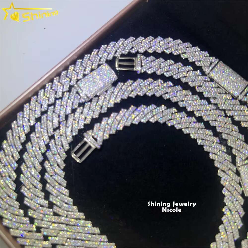 Custom Bling 925 Sterling Silver Miami Cuban Link 13mm Width Moissanite Cuban Chain Necklace