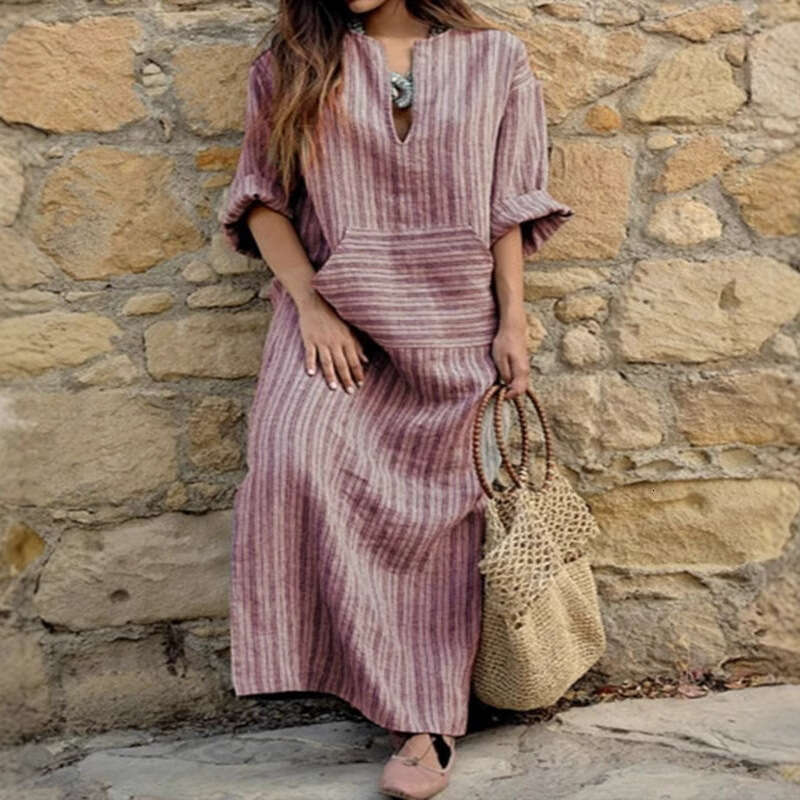 Popular European American cotton and en yarn dyed striped loose dress with versatile temperament in 2025, new trendy clothing ins
