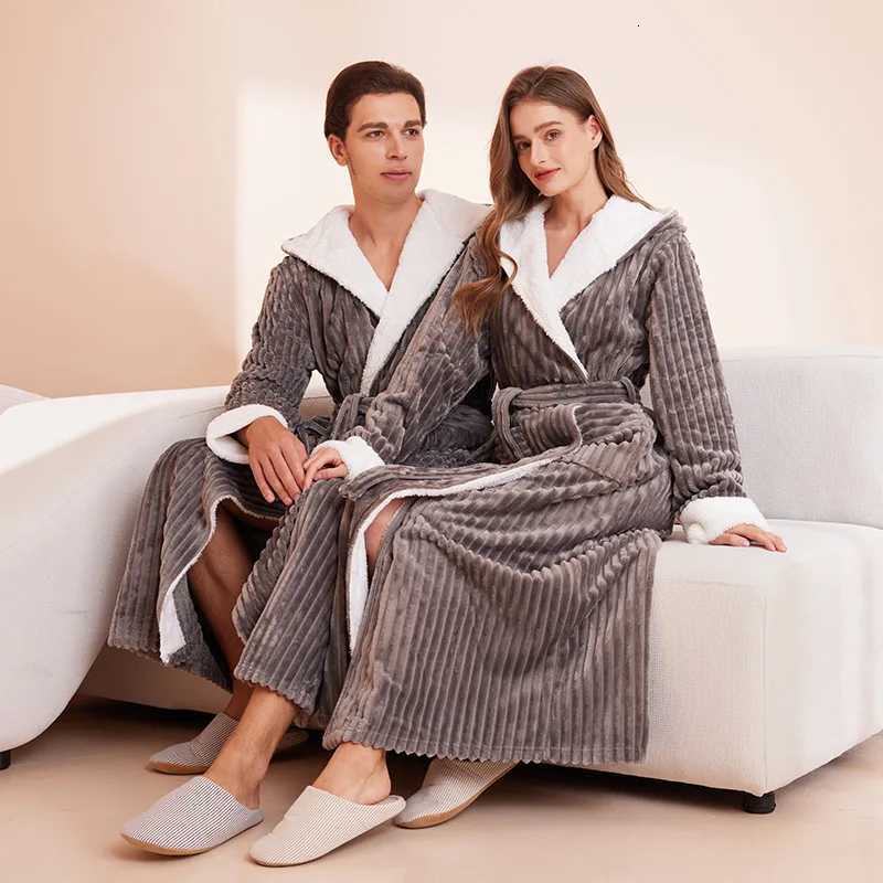 Women Winter Warm Robes Fluffy Fleece Dressing Gown Long Sleepwear Lounge Housecoat Flannel Stripe Hooded Bathrobe C251104