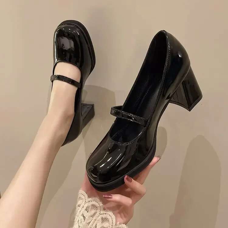 Comemore Summer New Patent Leather Brown Vintage Thick High Shoes Women Woman Square Toe Chunky Heels 2024 Black