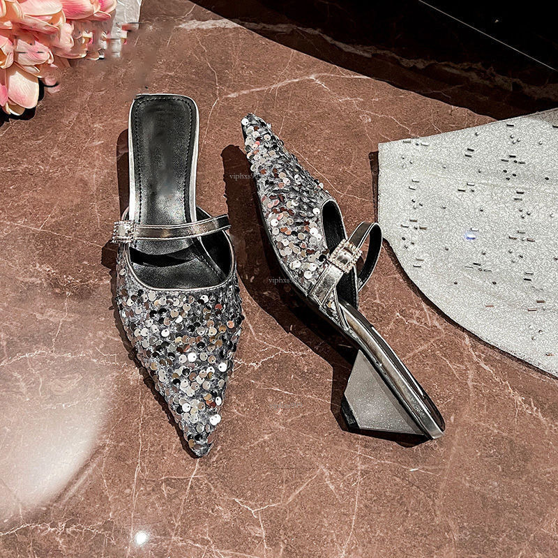 New Designer Sandals With Free Shipping Small And High End Pointed Thick Heel Sequined Silver Sandals 2025 Autumn Edition One Foot Kick Toe Lazy Half 