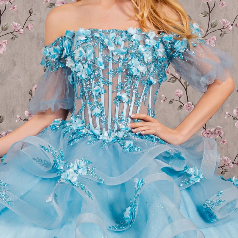 Sky Blue Shiny Princess Quinceanera Dresses Sequin Appliqued Flower Beading Crystal Tull Sweet 16 Dress Ball Gown Vestidos 15 Anos