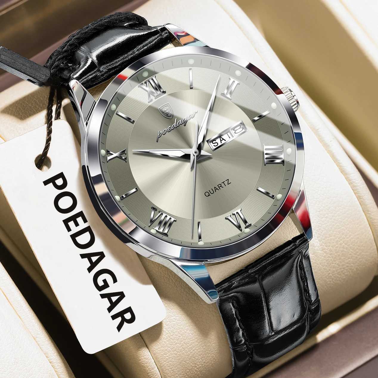 POEDAGAR Luxury Business Wristwatch For Men Date Week Leather Quartz Male Watch Waterproof Luminous Fashion Mens Watches RelojT251104