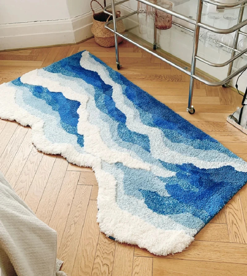 Blue Sea Pattern Tufted Rug Flocking Carpet Aesthetic Home Pad Funny Japanese Style Tufting Rug Cute Floor Pad Anti Slip Doormat 250403