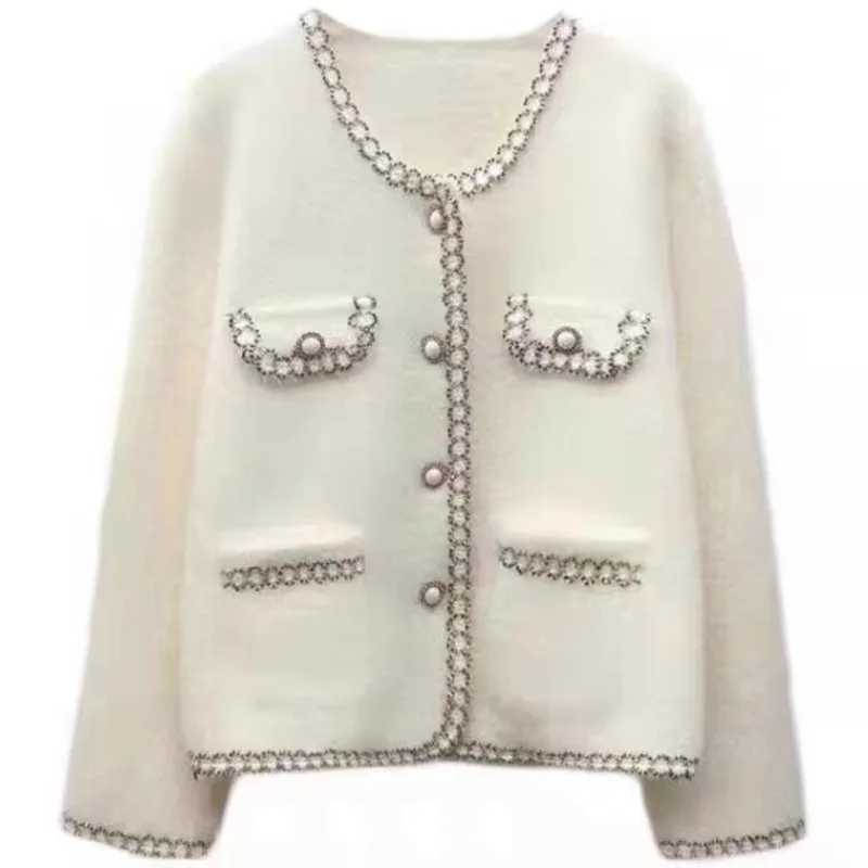 Elegant O Neck Office Women Knitted Jacket Autumn Winter Minklike Loose Sweater Pockets Cardigan French Style Casual Clothing J251103