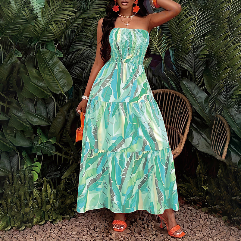 2025 Womens Vacation Storm West Asia Long Printed Chest Wrapping Big Swing Dress