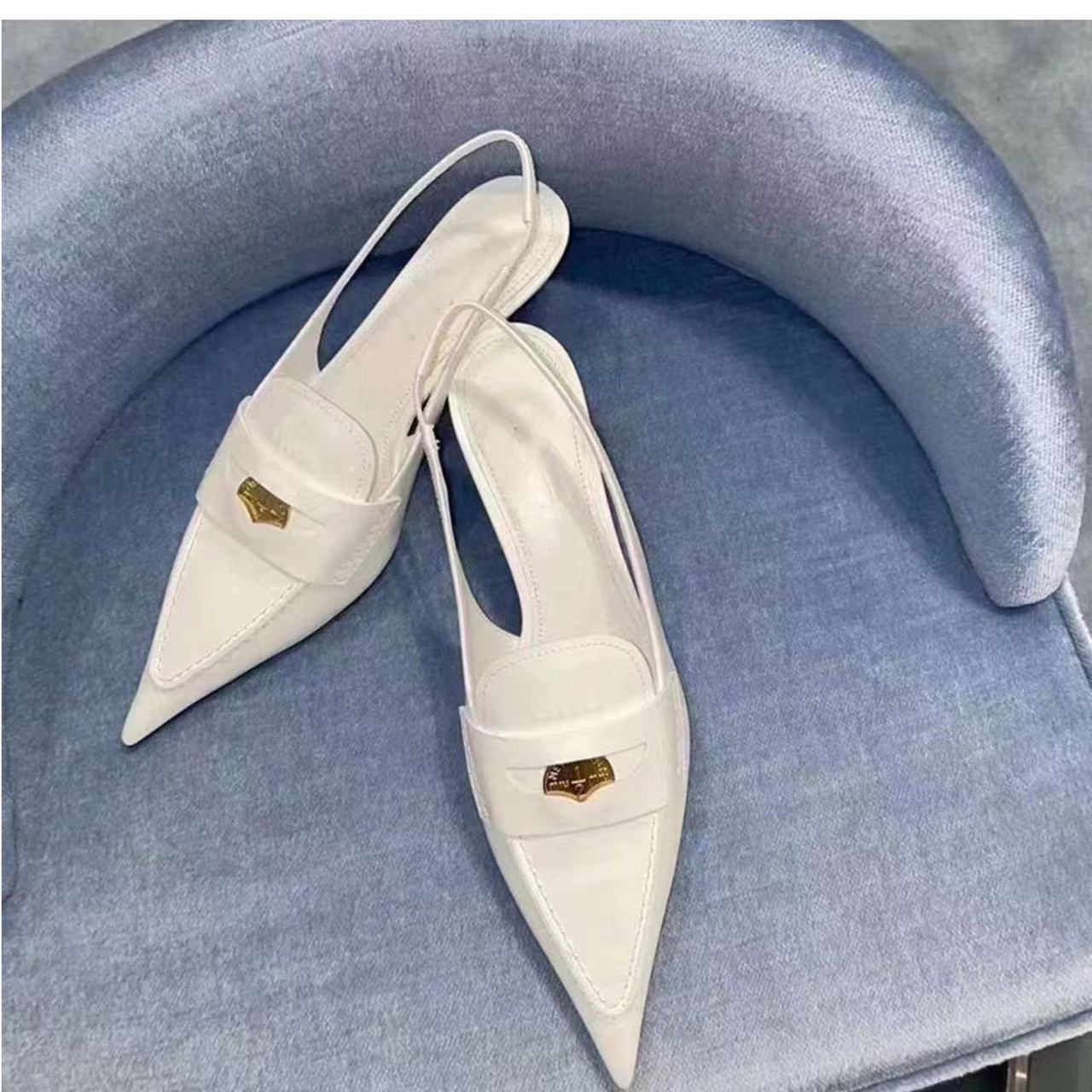 designer shoes 2025 Women's gold coin pointed-toe cat high-heeled sandals runway style closed-toe shallow-mouthed high heels French retro single 