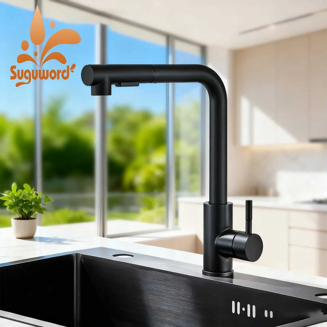 Rozin ible Gourmet Kitchen Faucet Black Pl Out 2 Ways Nozzle Faucets 360 Rotation Hot Cold Water Sink Mixer Tap SUS304 Y251104