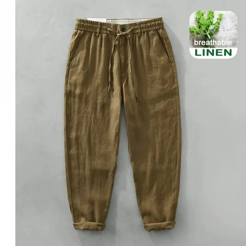 Summer Pure Linen Casual Trousers for Men Thin Drawstring Streetwear Men Pants C3583 250402
