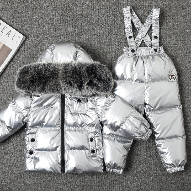 RAISE Winter Children Boy 2PCS Clothing Set Real Fur Waterproof Duck Down Jacket Snowsuit Kid Boy Skiny Sticker Overall Ski Suit251104