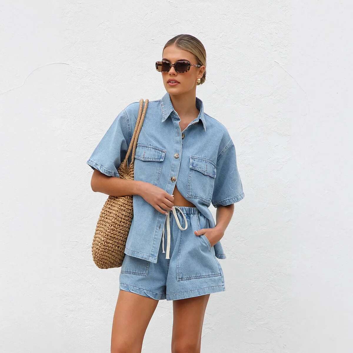 Women 2Pcs Clothes Set Denim Short Sleeve Jacket Coat Shirt & High Waist Shorts Pants Jeans Sexy