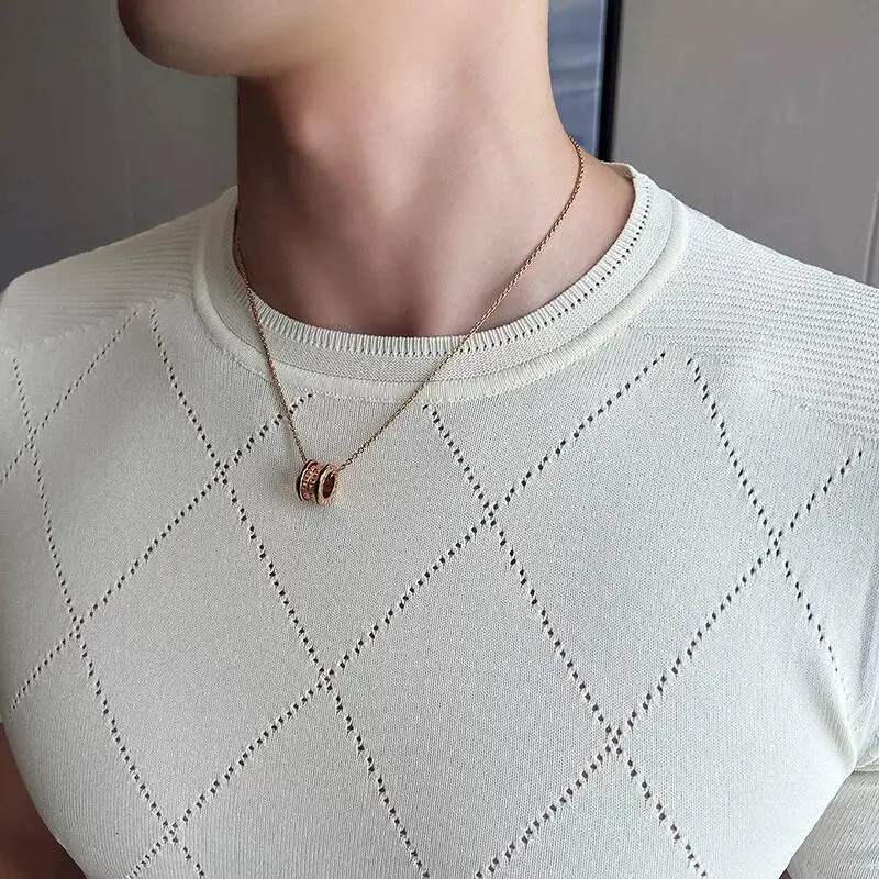 Summer silk breathable short sleeved knitted T-shirt mens round neck slim fit casual elastic T-shirt mens 3XL-M 250403